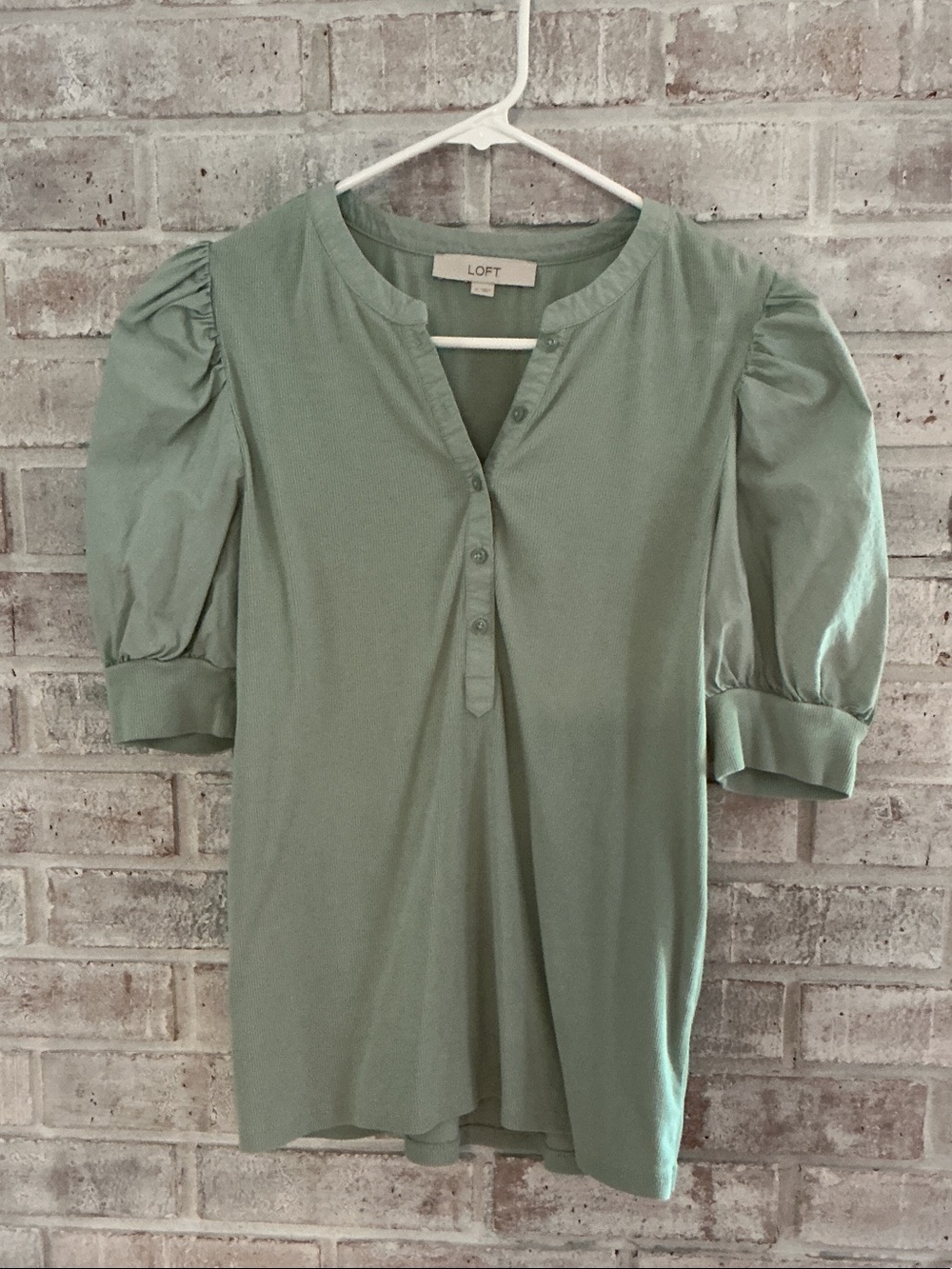 LOFT Sage Green Puff-Sleeve Henley Blouse